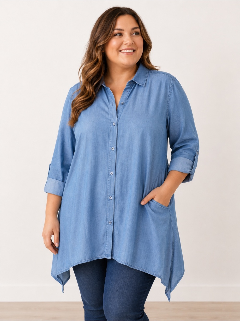 Zac & Rachel Lyocell Chambray Button Front Tunic Shirt Blue Handkerchief Hem 1X